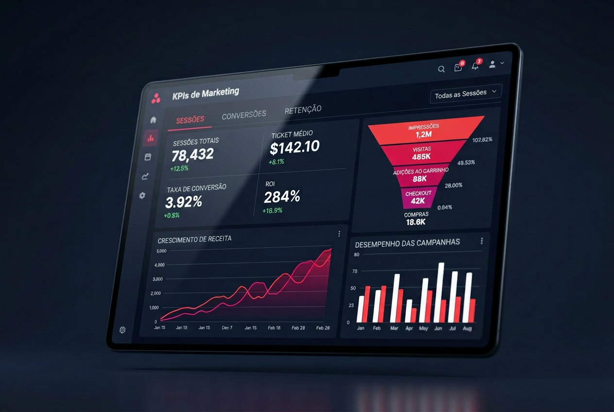 Painel de diagnóstico de marketing com KPIs, funil de conversão e crescimento de receita